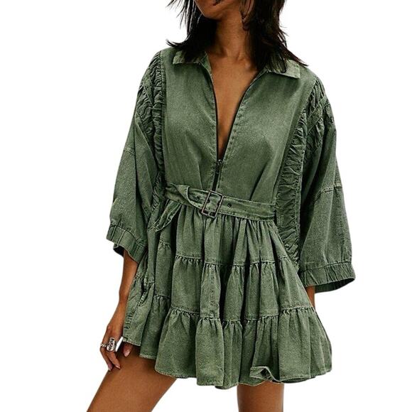 FREE PEOPLE Green Hampton Mini Dress Size L P2P 33.5” New w/o Tag MSRP $198 SOO - Picture 4 of 15